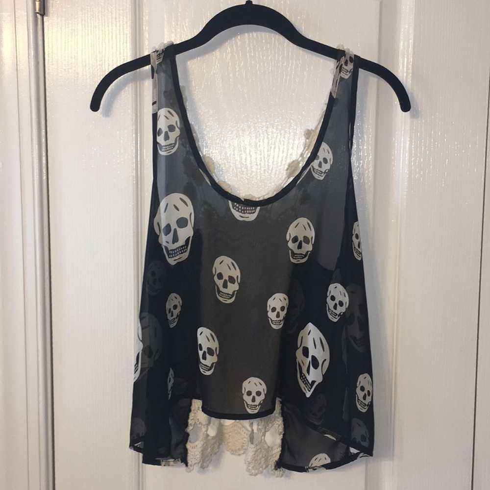 Sheer cropped tank top with skulls and lace detail